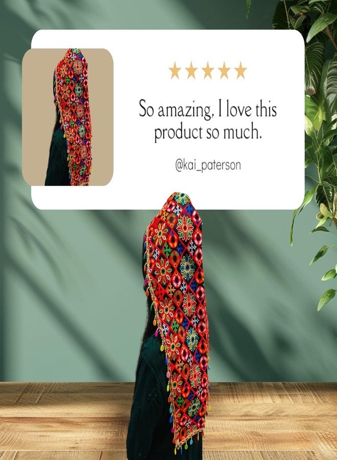 Doorbag غطاء رأس طويل متعدد الألوان لغاربا دانديا من نافراتري مزين بدانتيل كوتشي، وشرابة بوم بوم، وشرابة كودي الصدفية - غطاء رأس تقليدي فاخر للنساء والفتيات (شرابة كودي أو فومكا عشوائية، غطاء رأس طويل بقاعدة سوداء) - Image 3
